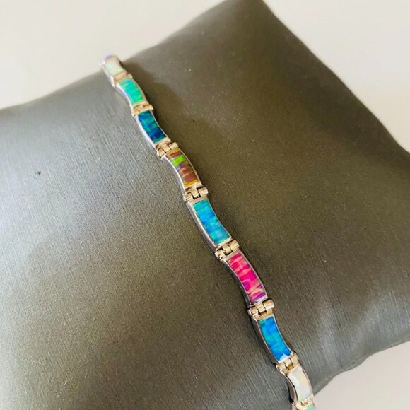 E. Luna Taxco Mexico .950 Silver Multicolor Lab Opal Inlay Necklace & Bracelet - Picture 4 of 8